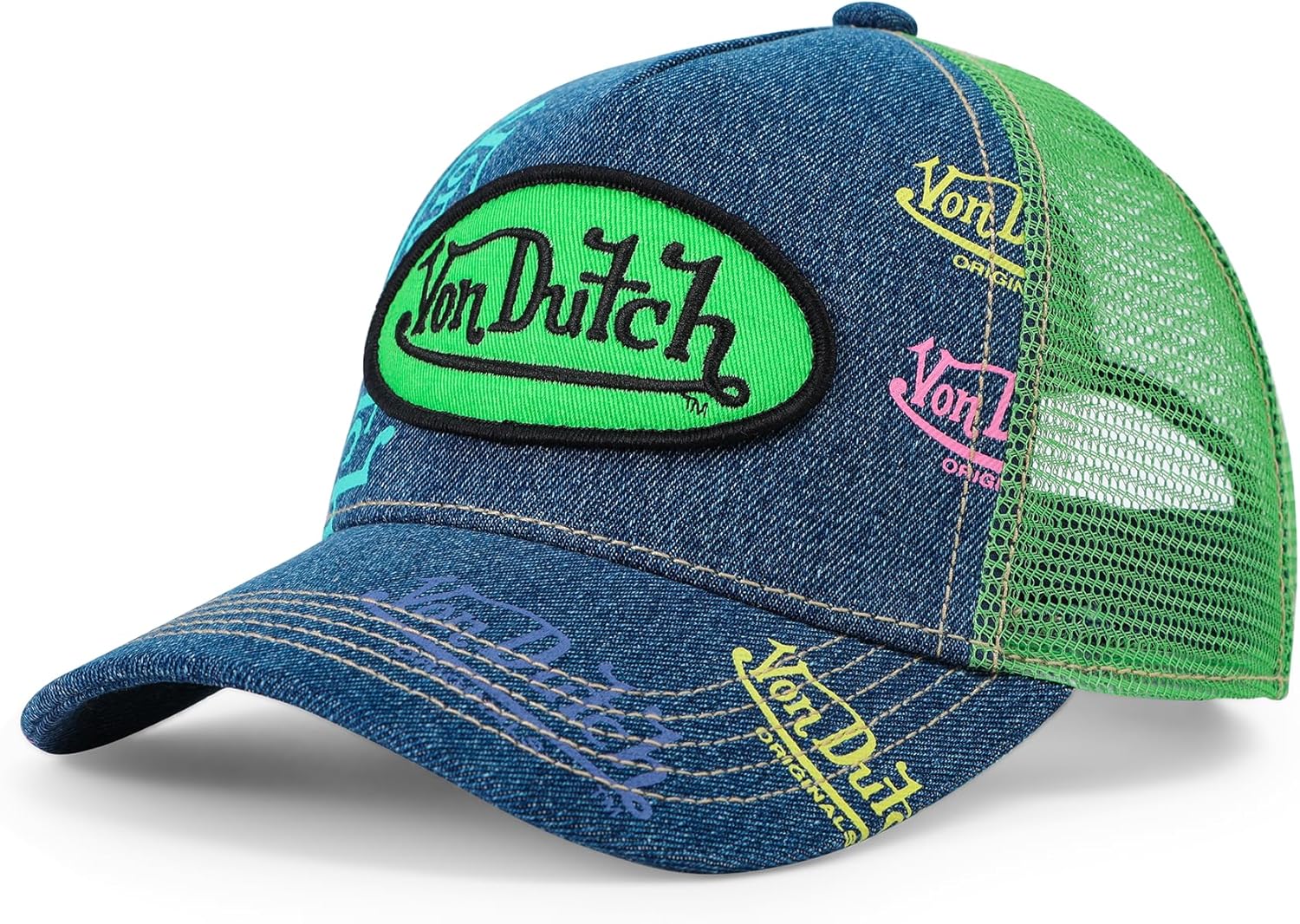 Von Dutch Kids Denim Trucker Hat | Adjustable Mesh Snapback with Logo Patch & Breathable Back | One Size Fits Most