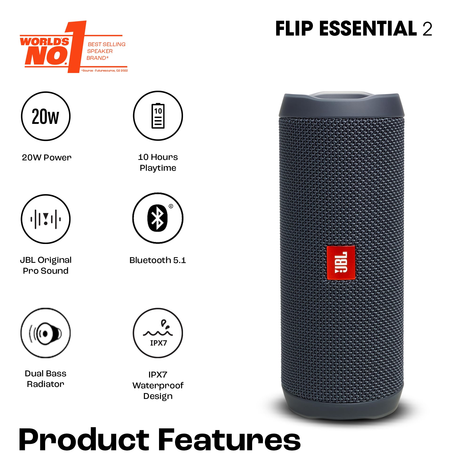 JBL Flip Essential 2, Wireless Portable Bluetooth Speaker with Deep Base, IPX7 Water & Dustproof (Without Mic, Black)