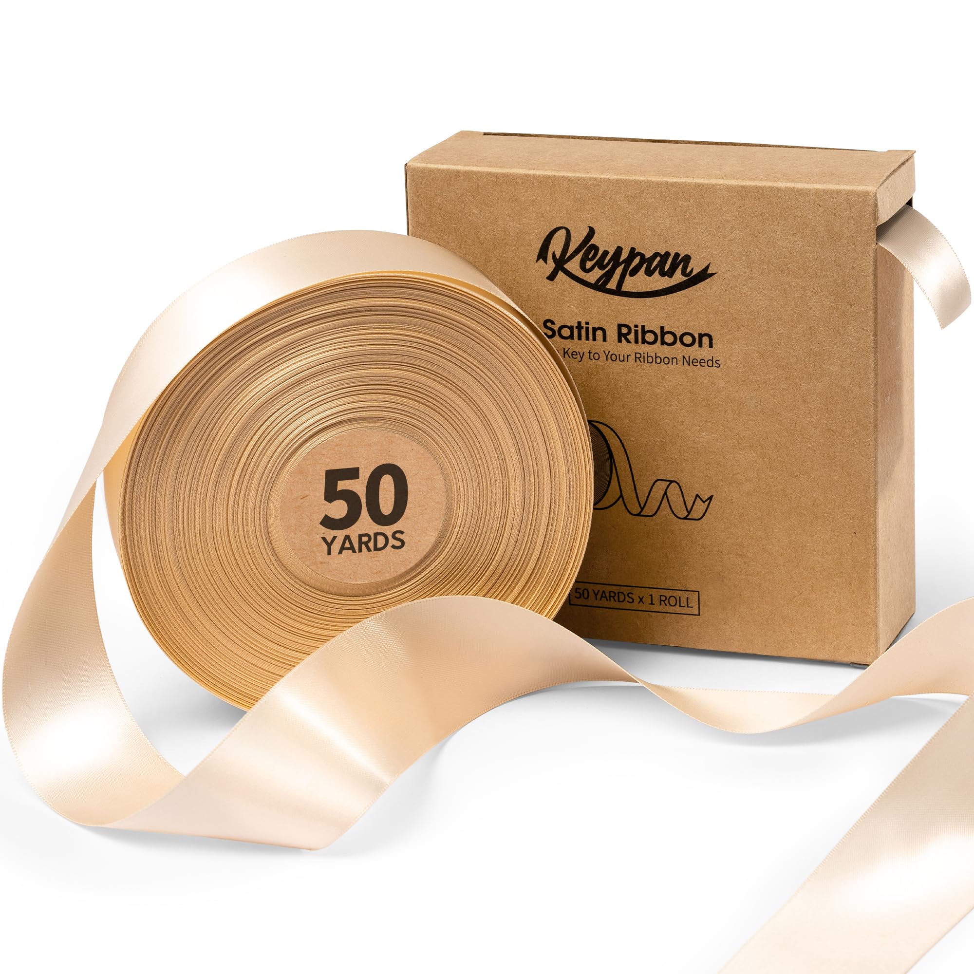 Keypan Light Champagne Satin Ribbon 38 mm x 45,7 m Double-Faced Polyester Ribbons for Flower Bouquet Gift Wrapping Party Decor Wedding Invitation DIY Craft โ image 1