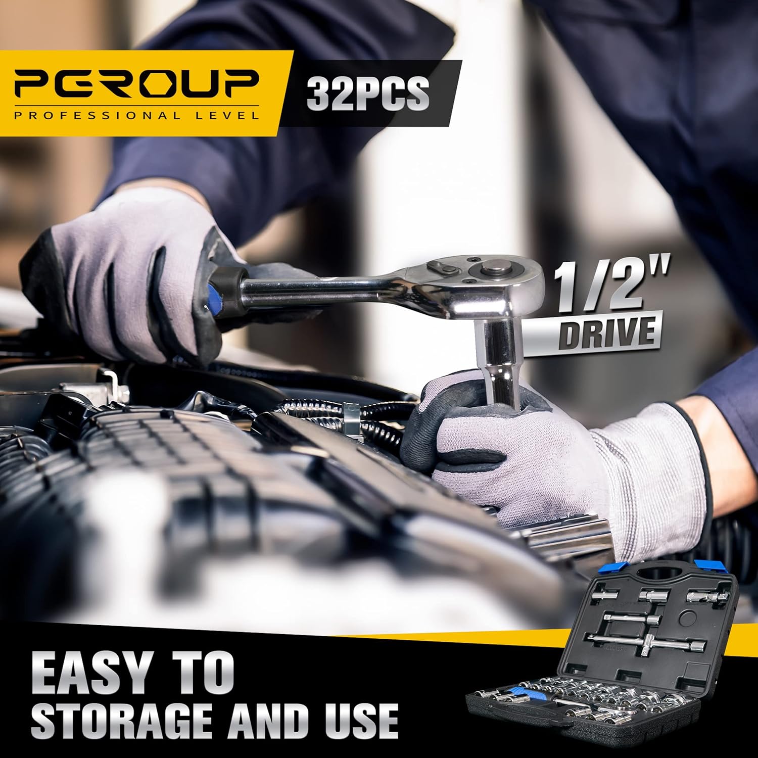 1/2 inch Drive 8mm-32mm Metric socket set, 32-piece Mechanic Tool Socket Ratchet Wrench Set, for Auto Repairing & Household