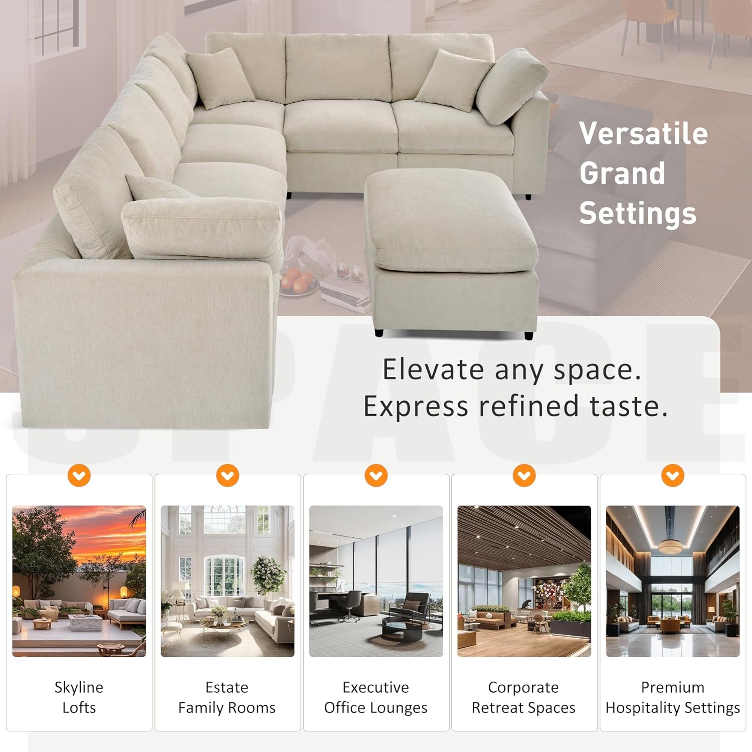 124.8" W Large Modular Sectional Sofa L Shaped Modern Couch with Ottoman, Deep Seat and Wide Chaise for Living Room, Beige