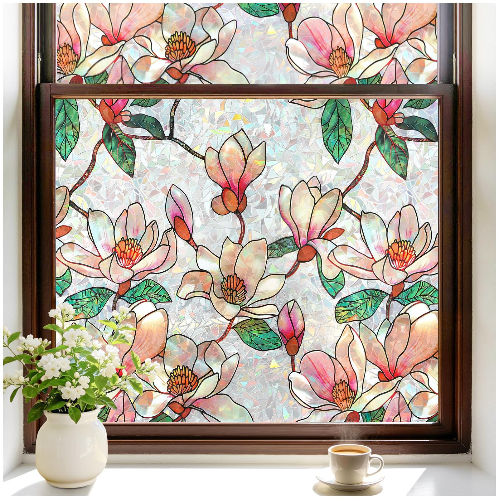 rabbitgoo Stained Glass Window Privacy Film, Magnolia, 17.5" x 157.4"