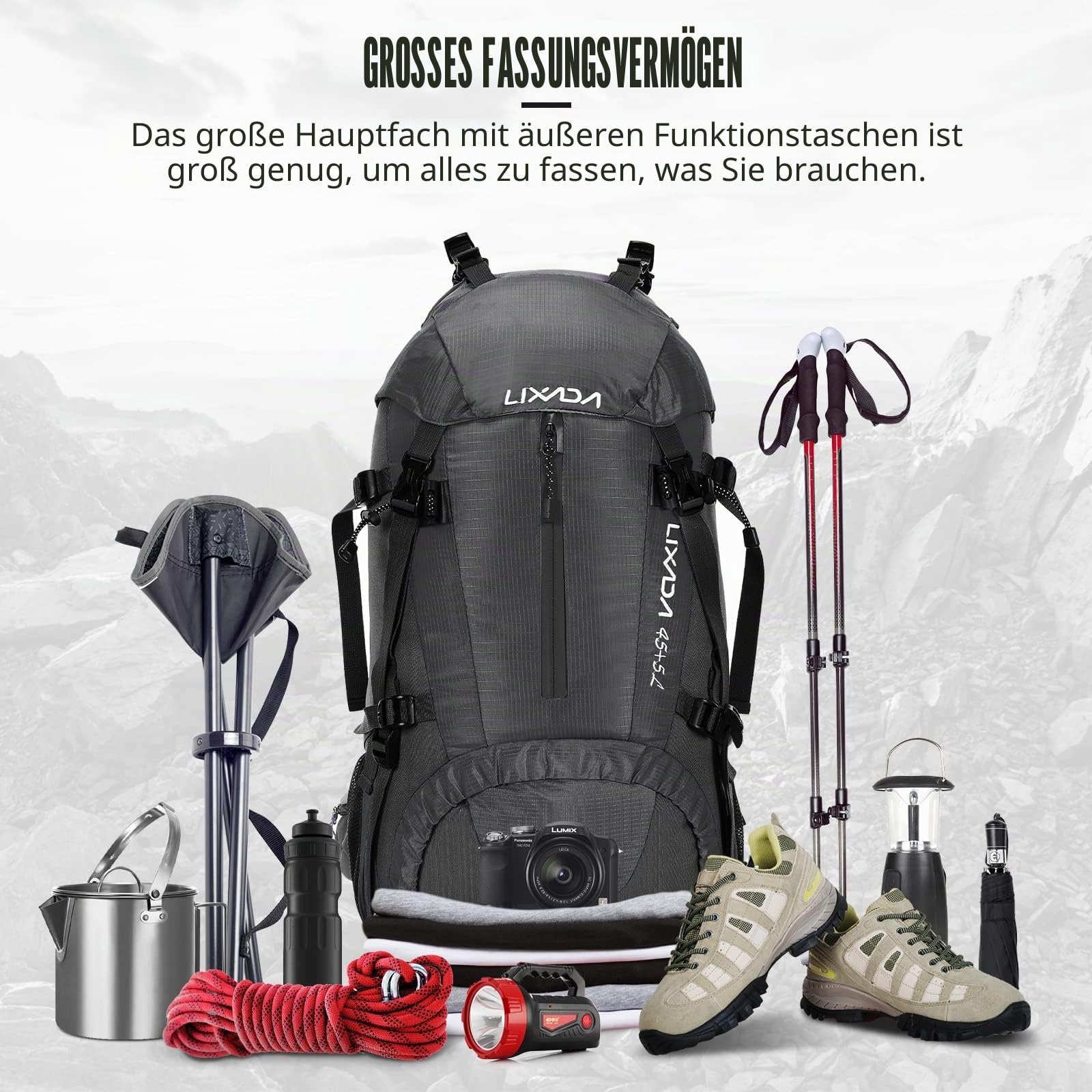 Lixada Wanderrucksack, 50 l, mit Schutzhülle, wasserdicht, ultraleicht, für Bergsteigen, Klettern, Trekking, Sport, Reisen, Camping