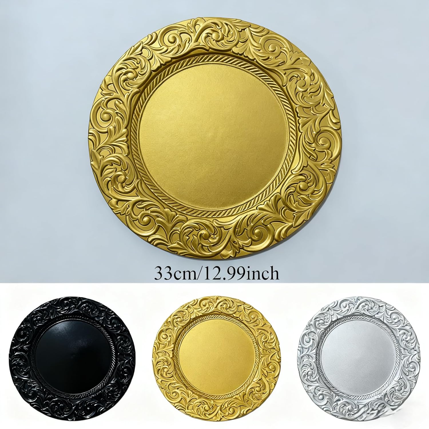 13" Elegant Charger Plate Durable Plastic Dinner Plates Set - 6/50/100 PCS Retro European Style in Gold, Silver, Black & Clear for Wedding, Party, Christmas Table Decoration