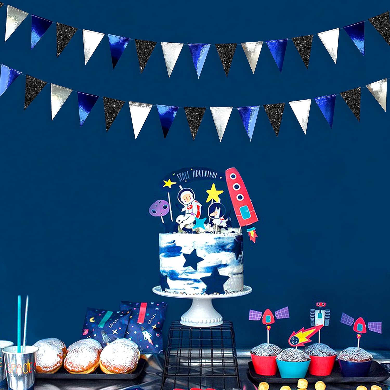 30Ft Navy Blue Silver Black Bunting Banner Party Decorations Royal Blue Paper Triangle Flag Pennant for Wedding Birthday Bridal Baby Shower Nautical Ahoy Anchor Pirate Halloween Christmas Party Decor - Image 5