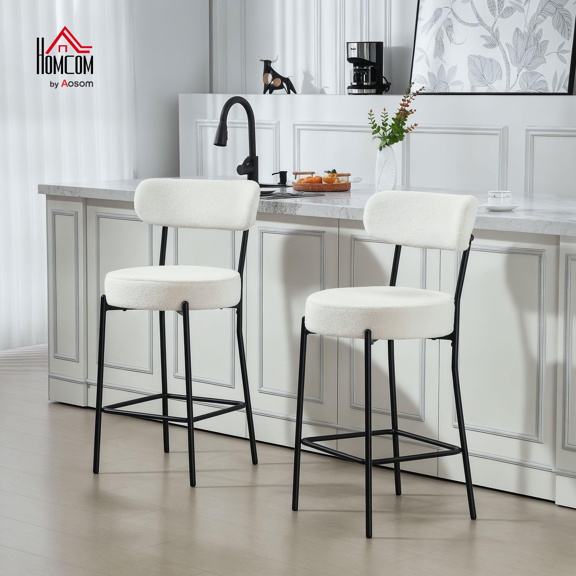 HOMCOM Lot de 2 Tabourets de Bar en Tissu Bouclette Assise 68H cm Crème | Chaises de Bar, Assise Large, Dossier Courbé, Repose-Pieds, Pieds en Acier, Chaises Hautes Cuisine, Salle à Manger, Comptoir