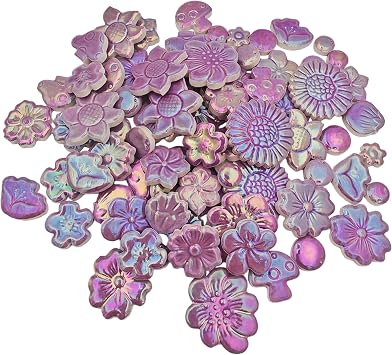 500g/1.1lb Ceramic Mosaic Tiles Mixed Shapes of Flowers, Berries, Mushrooms for Home Decoration or DIY Crafts,Mosaic Puzzle or Mosaic Making Supplies. Iridescent Purple