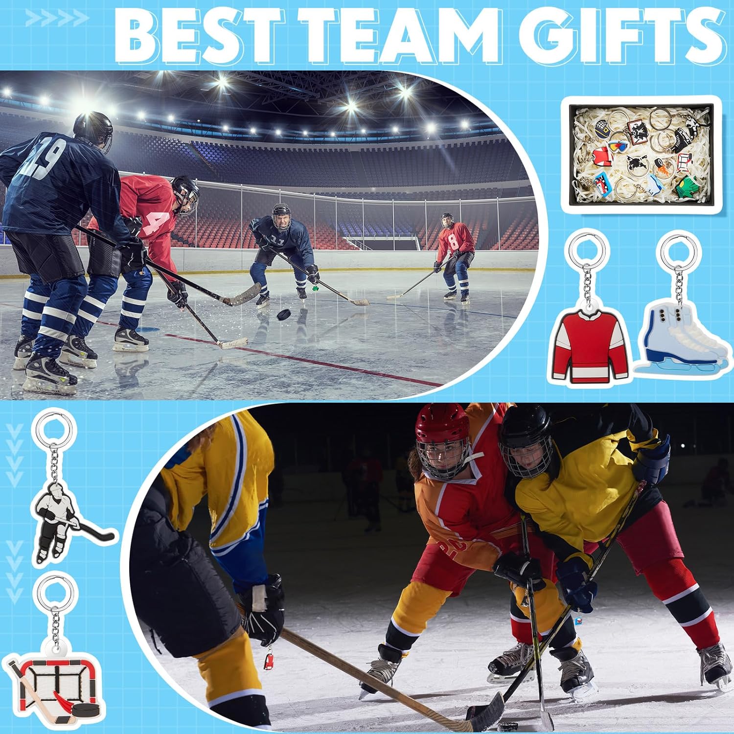 Batiyeer 72 Pack Ice Hockey Keychains Bulk Party Favors Sports Valentines Gifts Ball Key Chains Funny Keyring for Women Men Birthday Supplies