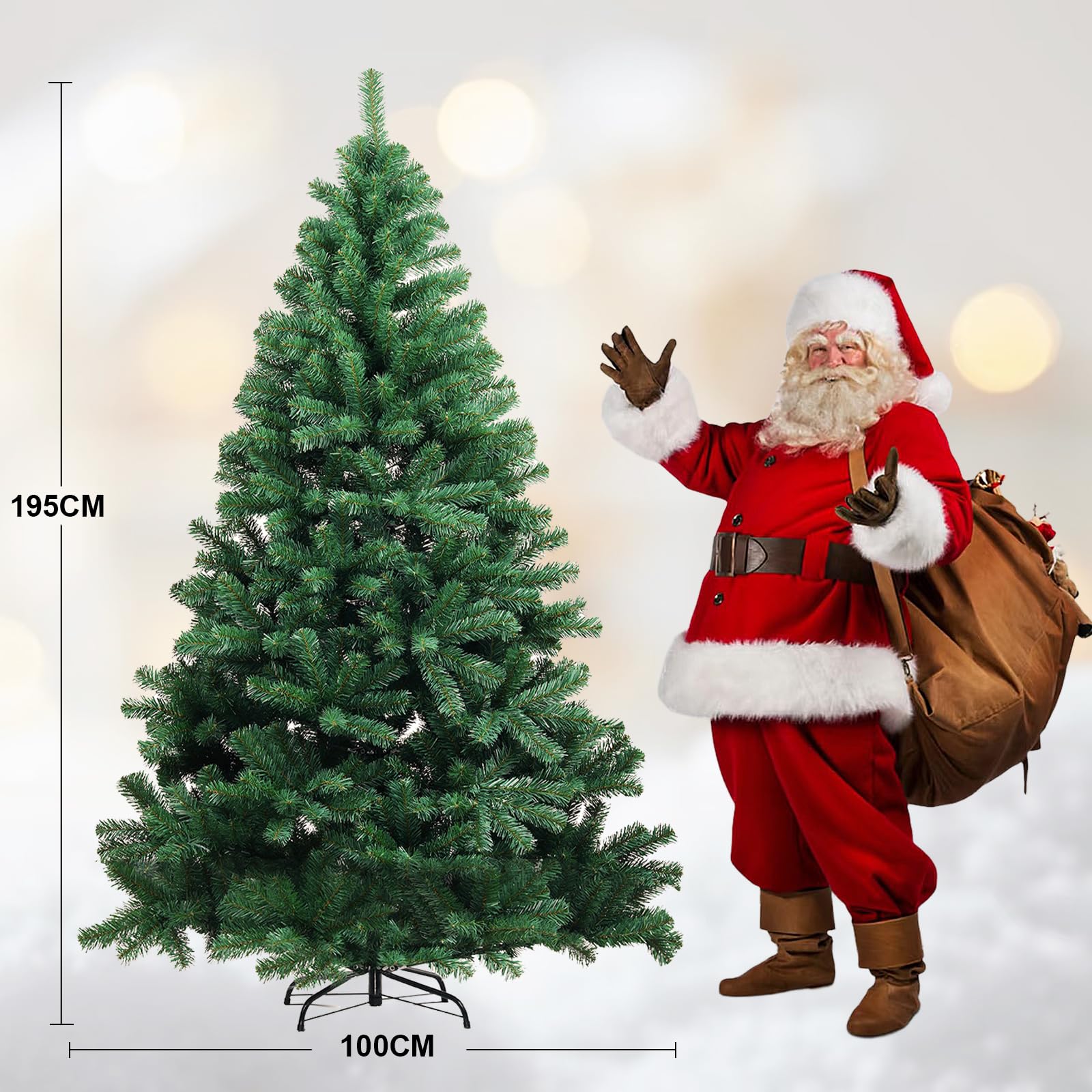 Künstlicher Weihnachtsbaum Weihnachtsdeko 195cm PVC Material mit 1000+ Spitzen Thickened Branches mit dekorativen Schleifen & Grußkarten, Stabiler Metallständer