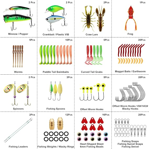 TRUSCEND Complete Fishing Lures - Tackle Box with Tackle Included - Crankbaits, Minnows, Frogs, Vibes, Poppers, Spinners, Spoons, Soft Baits, Fishing Gifts Accessories Kit for Bass Trout