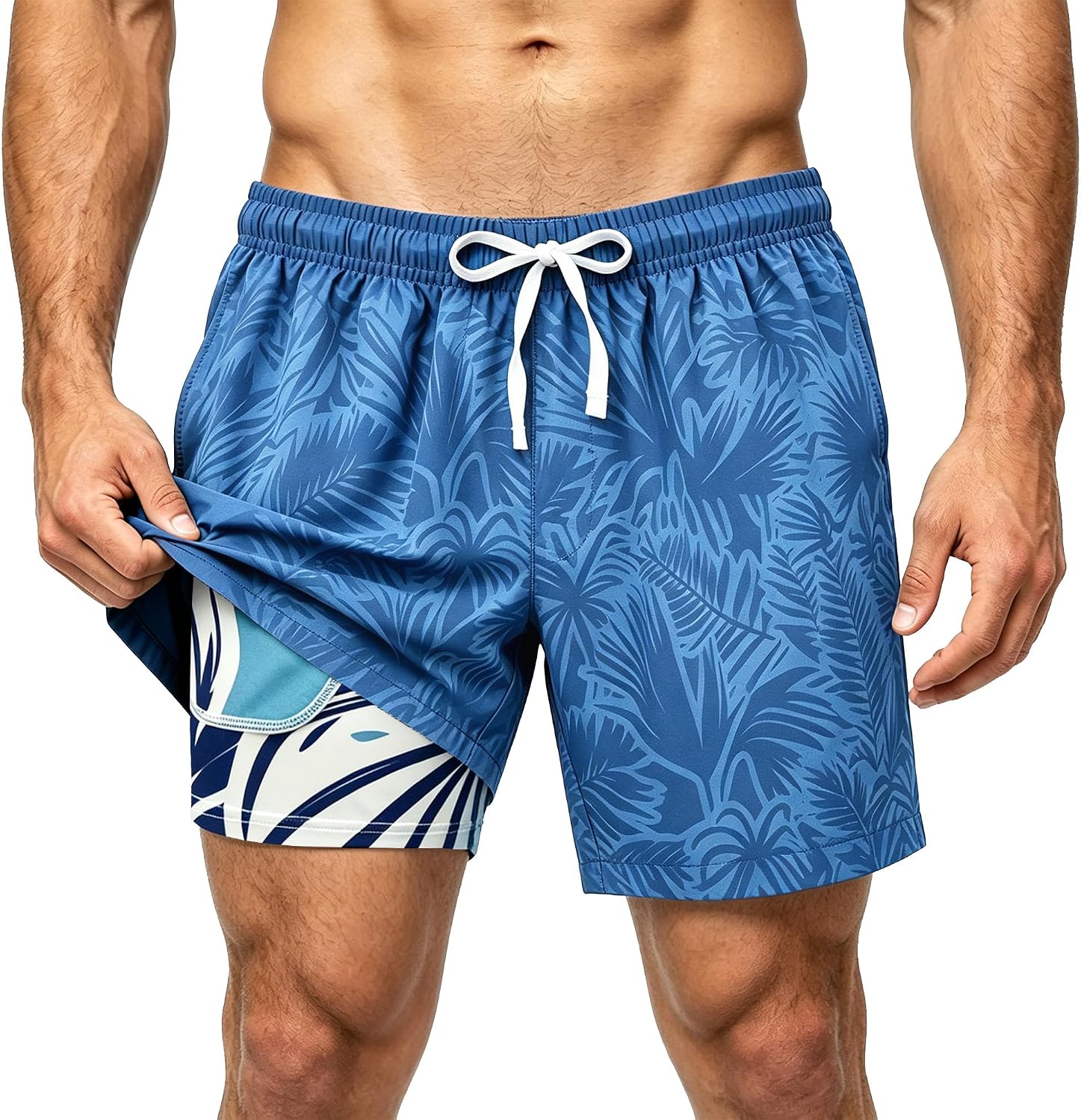 Men's Swim Trunks Hawaiian Quick Dry 2 in 1 Board Shorts with Pockets Drawstring Beach Swimsuits