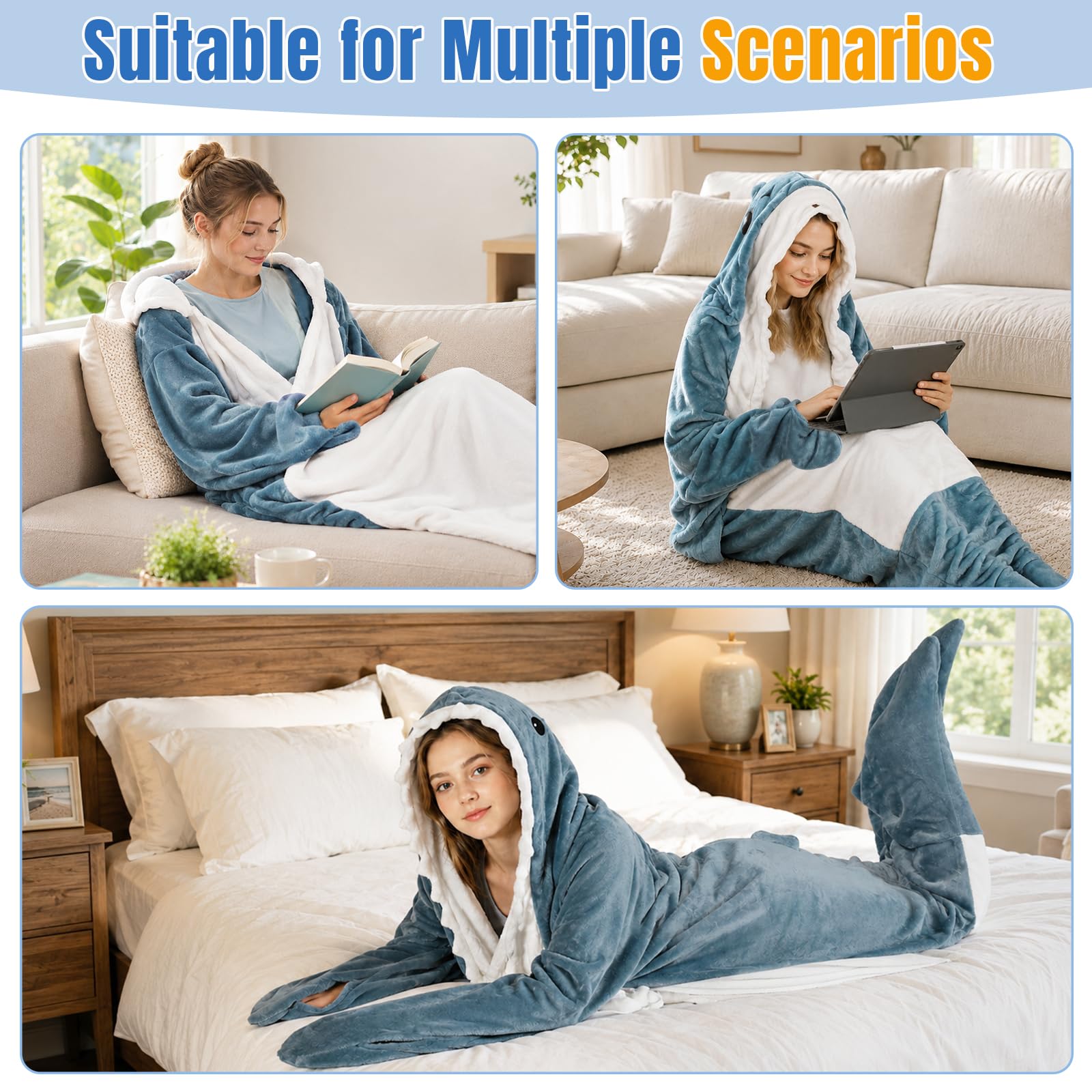 Hai Kostüm Hai Decke – Marshmallow Decke mit Kapuze, Weicher Flanell Onesie Schlafsack Tragbare Decke für Erwachsene Kinder - XL