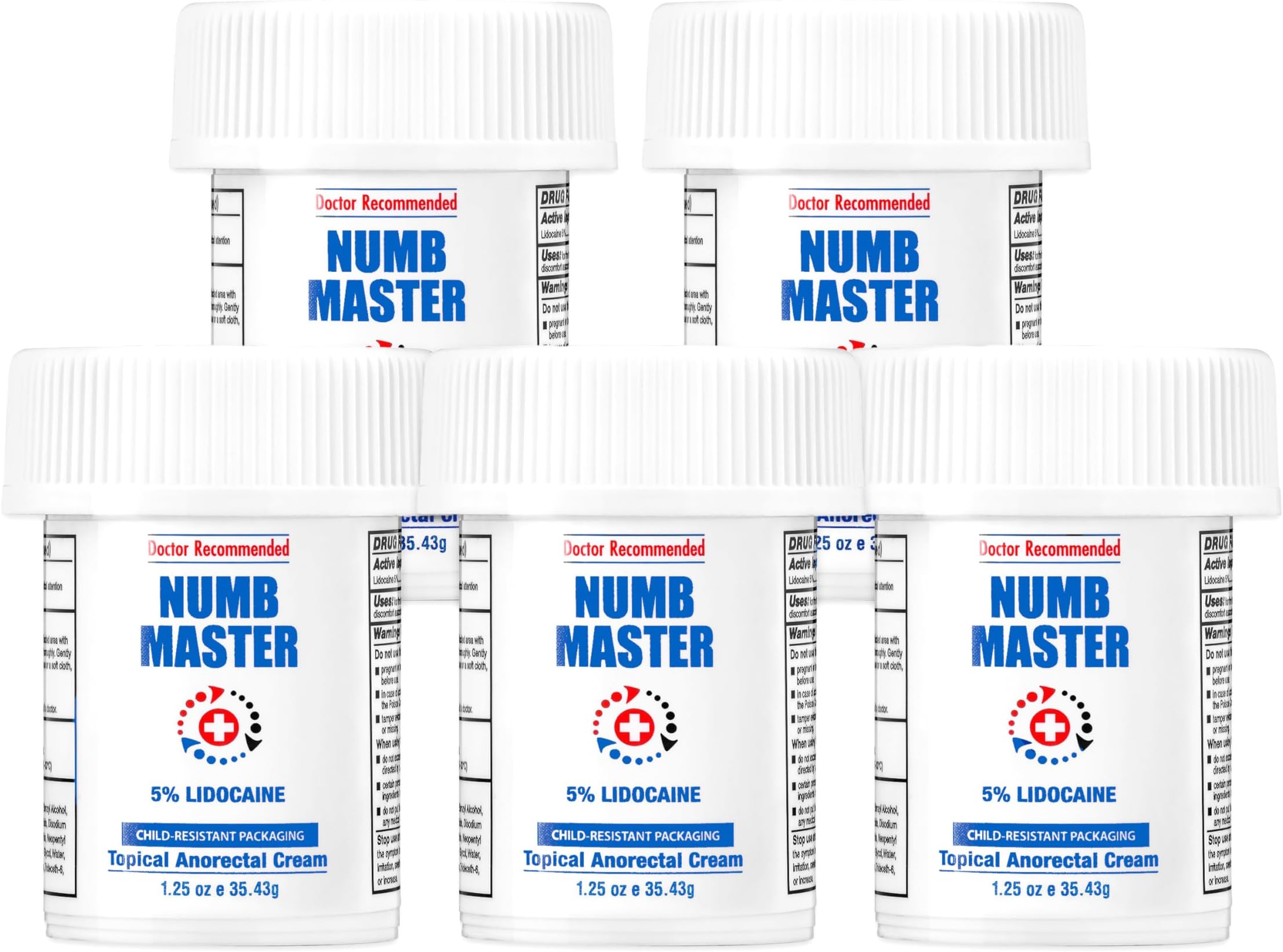 Numb Master 5 Pack 5% Lidocaine Topical Numbing Cream, Maximum Strength Long-Lasting Pain Relief, Fast Acting Topical Anesthetic Cream with Aloe Vera, Vitamin E, Lecithin with Child Resistant Cap