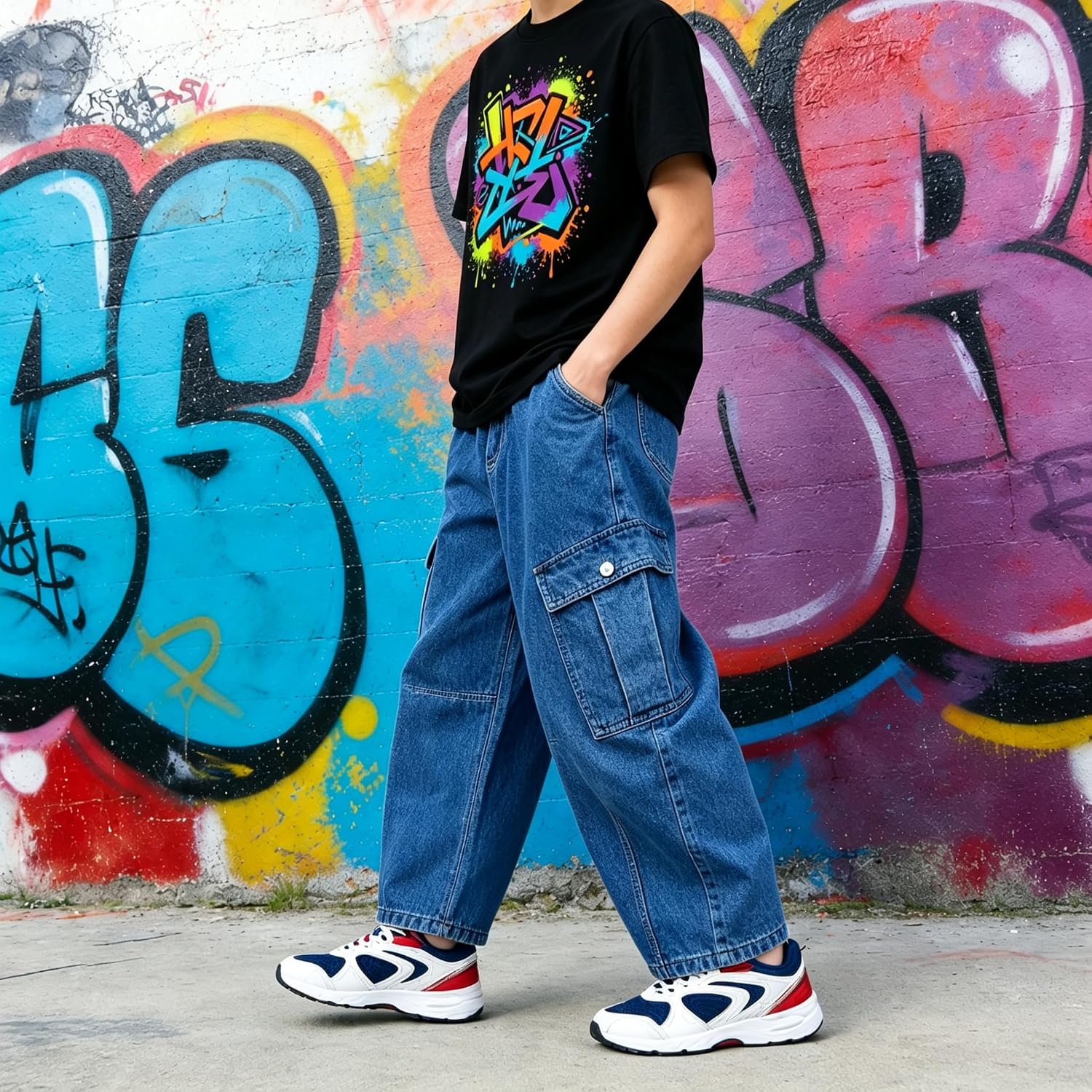 Baggy Jeans for Boys Cargo Jeans, Mid Rise Elastic Waist Multi-Pockets Denim Pants School Streetwear Size 8-12 image 3