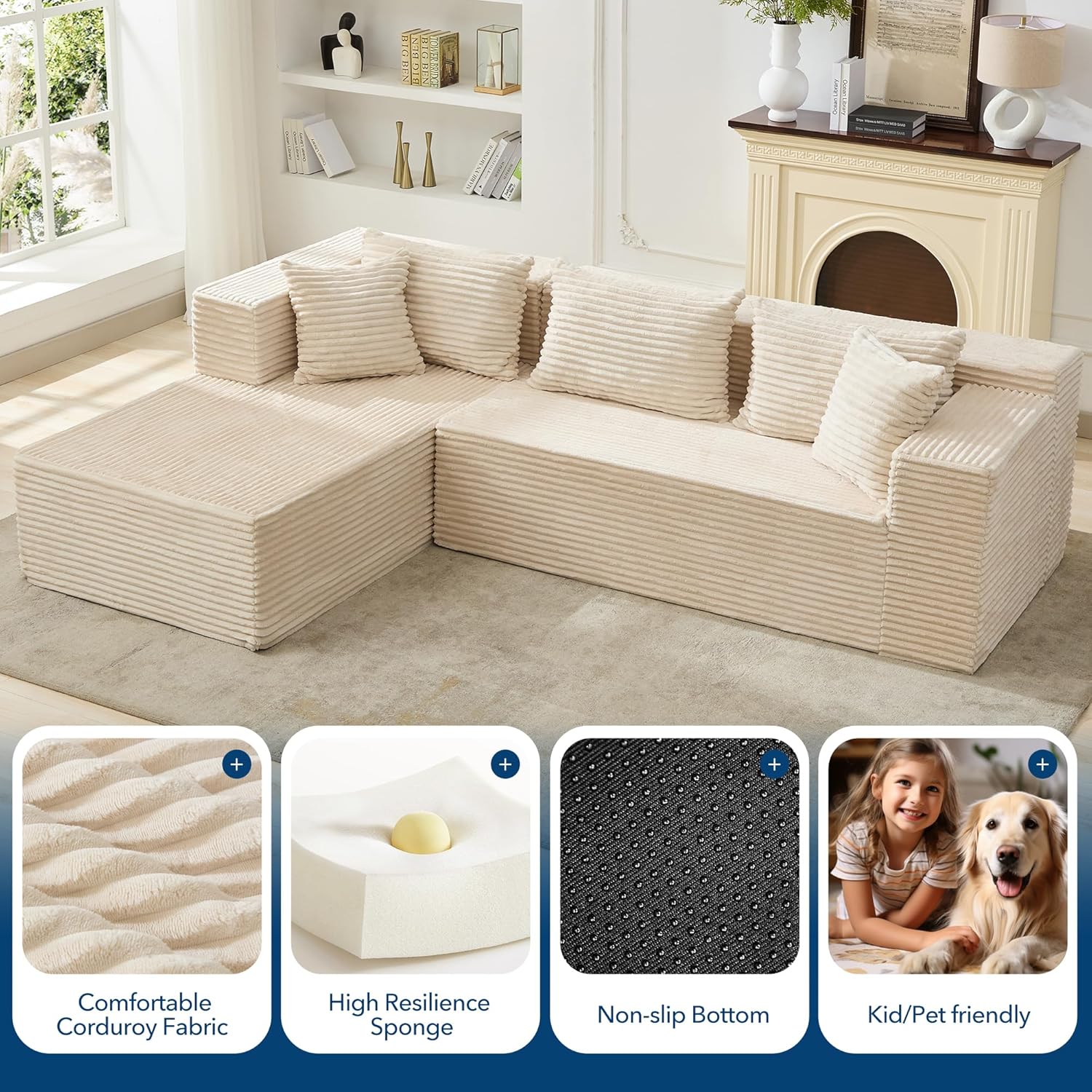 Boneless Couch, 106" Left Corduroy Cloud Couch Sectional，Vacuum Compressed Couch, L-Shaped Modular Sectional Couch with Chaise Lounge, Boneless Couch for Living Room, Comfy Compact Apartment Sofa
