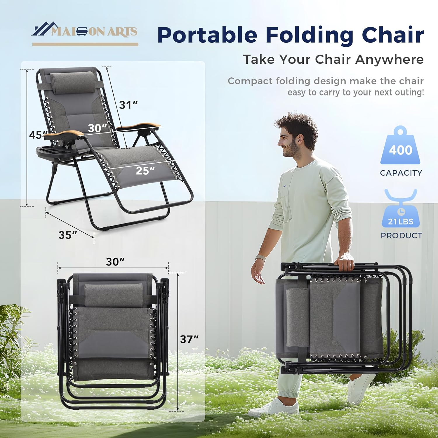 MAISON ARTS Oversized XXL Padded Zero Gravity Chair Set of 2, 30" Wide Seat Foldable Patio Recliner, Anti Gravity Outdoor Lawn Chair with Cup Holder & Pillow, Supports 400lbs, Grey