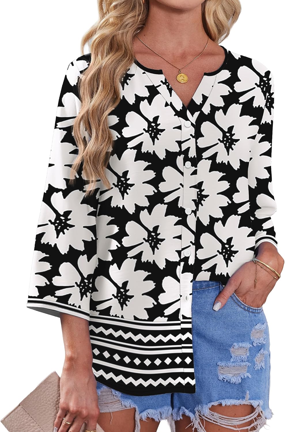 OFEEFAN Button Down Shirts for Women 3/4 Length Sleeve Tops V Neck Blouses Business Casual Outfits Loose Fit thumbnail