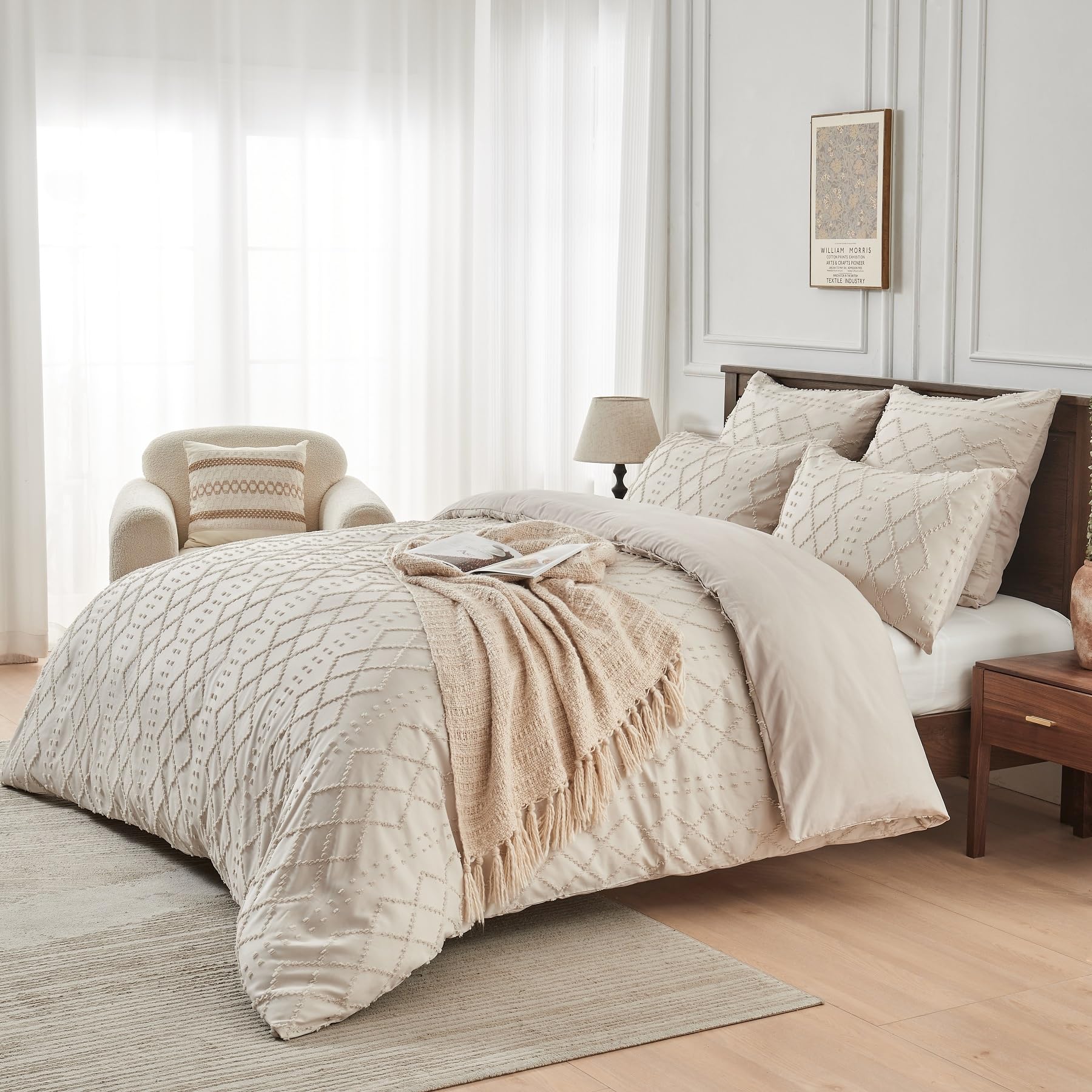 Housse de Couette 220x240 Bohème Beige Tuftée Parure de Lit Bohème Style Géométrique Grille Carrée Linge de Lit 2 Personne Adulte avec Fermeture Éclair avec Taies d'oreiller 65x65 cm