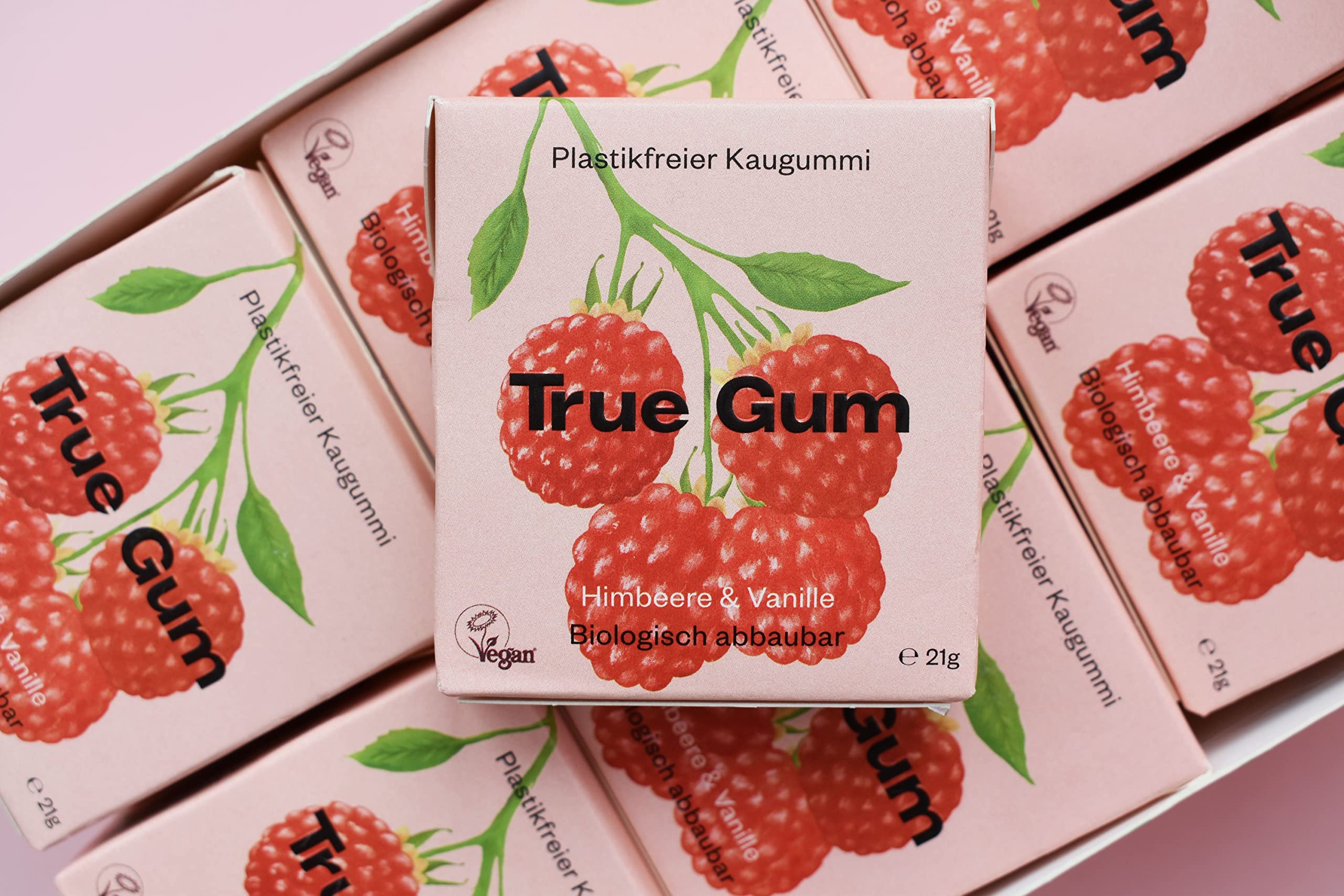 True Gum 24er Display: HIMBEERE & VANILLE | Plastikfreier Kaugummi | Biologisch Abbaubar | Vegan | 24 x 21 g, 504 g