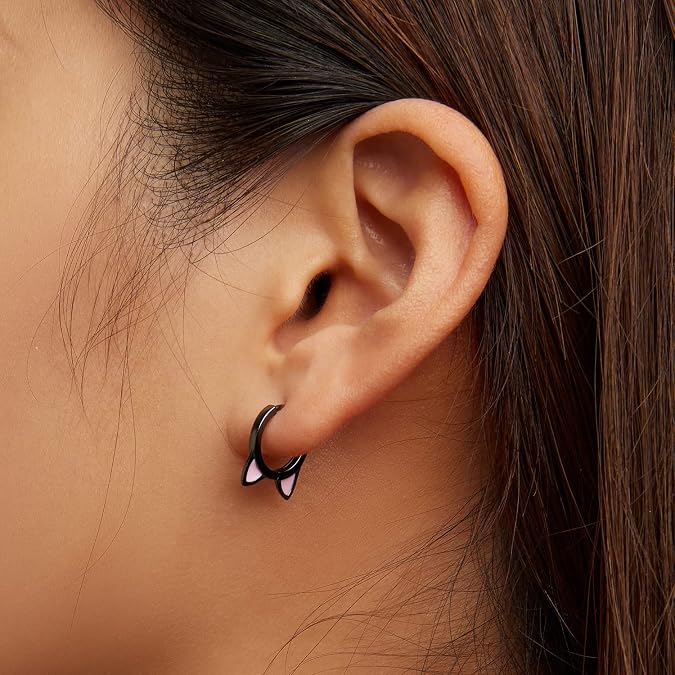 Black Cat Small Hoop Earrings Sterling Silver 925 Cute Animal Pet Pink Ears Cartilage Tragus Earrings Tiny Round Huggie Hoops Statement Earrings Fashion Jewelry for Women Girls