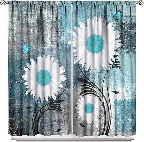 Miniatura 22 de Cortinas rústicas de cocina de granja, margaritas florales de granja de primavera, cortinas opacas de madera retro con bolsillo para barra, cortinas