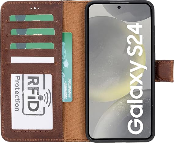 Samsung Galaxy S24 Plus ile Uyumlu Çıkarılabilir Cüzdanlı Kılıf - Kartlık Bölmeli, Stand Özellikli, RFID Engelleyici, Güçlü Mıknatıslı Kapaklı Dayanıklı Hakiki Deri Telefon Kılıfı (Antik Kahverengi)