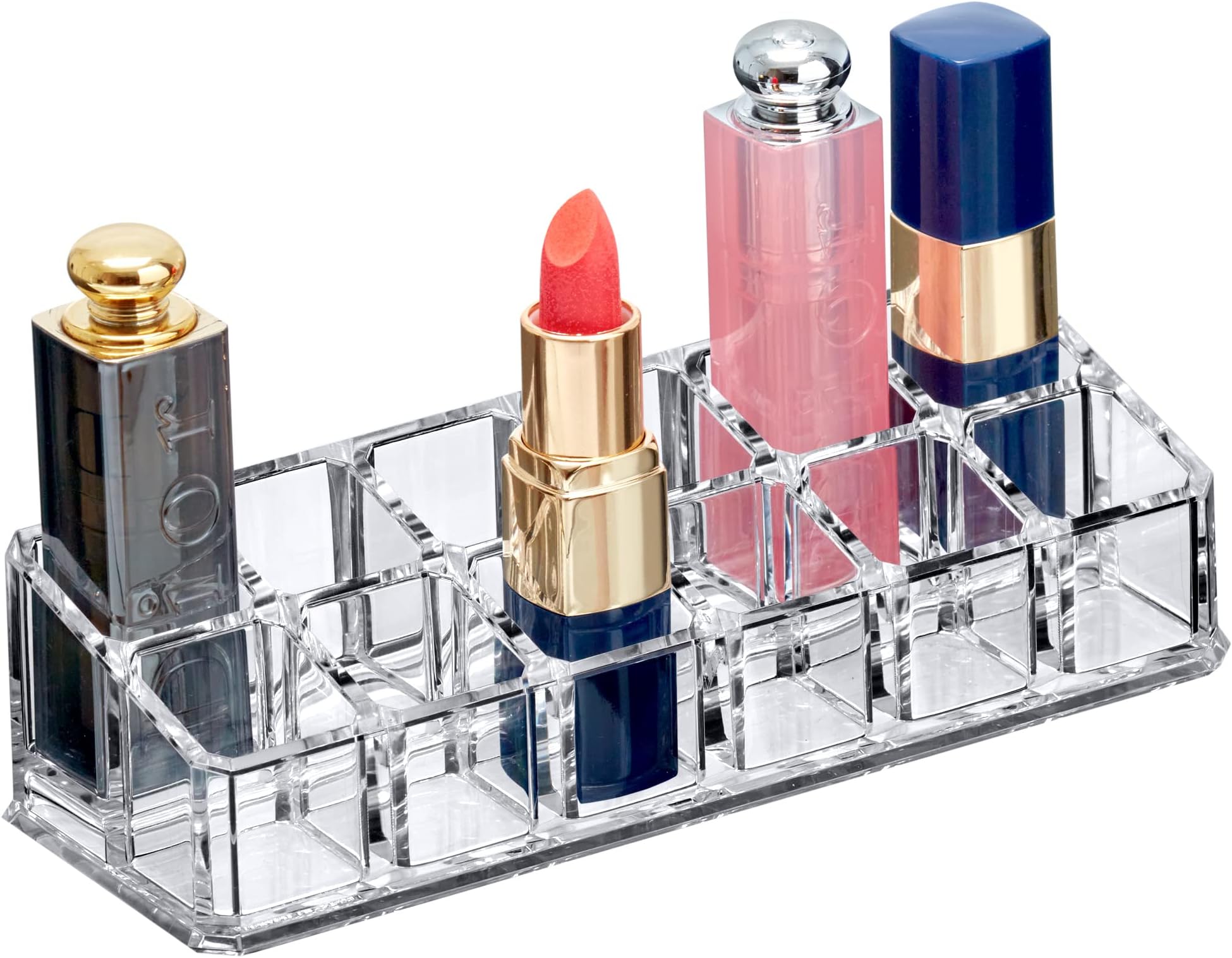 Amazing Abby - Glamour - 12-Slot Acrylic Lipstick Organizer, Lipstick Holder, Lip Gloss Organizer, Cosmetic Storage Display, Perfect Storage Solution for Drawer, Vanity, Bathroom, and More