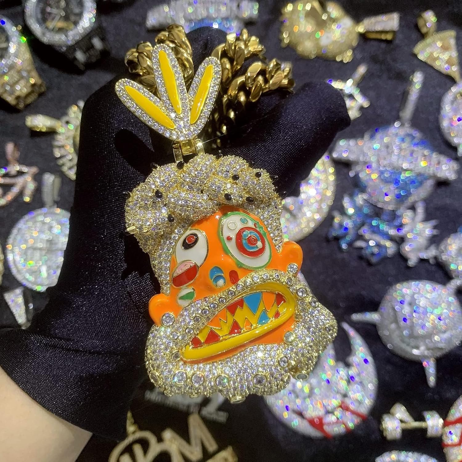 ICEDIAMOND Cold Enamel Painted Abstract Art Mysterious Tribe Chief Pendant Cuban Chain Necklace, Iced Out Bling CZ Diamond Gold Plated Hip Hop Charm Jewelry for Men - Image 2