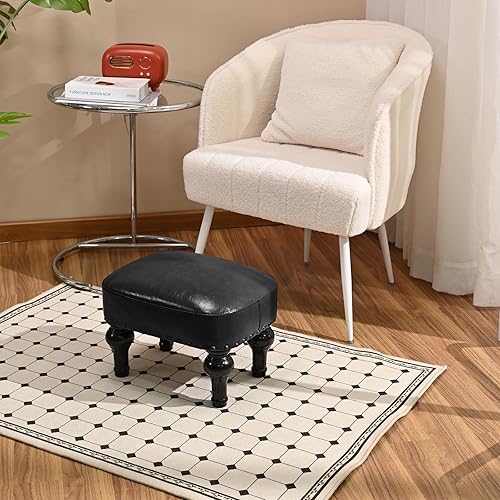 Miniatura 5 de Reposapiés otomano de cuero, taburetes rústicos, asiento otomano de madera, reposapiés rectangular pequeño para dormitorio, sala de estar, oficina,