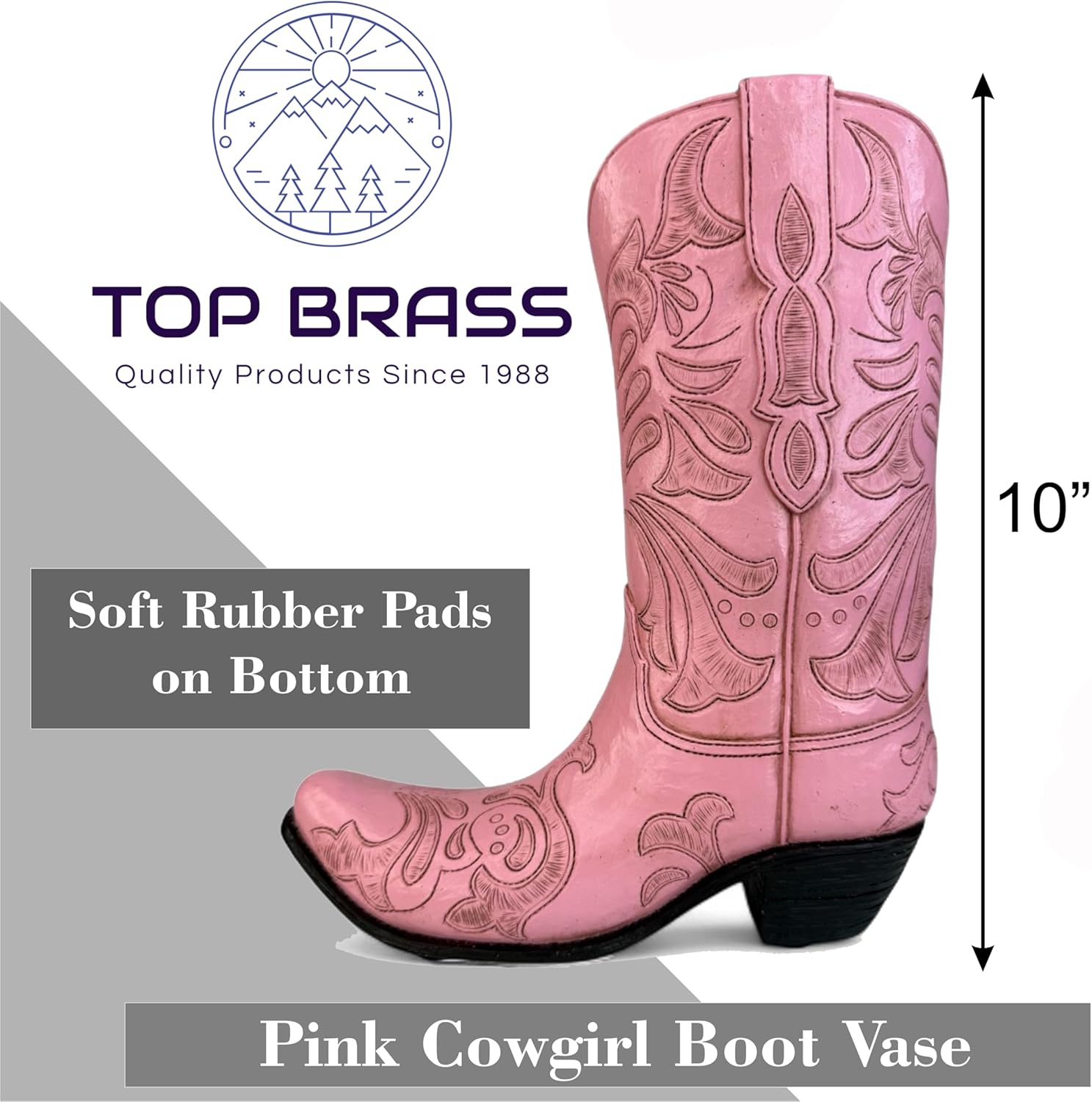 Top Brass Pink Cowboy Boot Vase – Tooled Leather Look Western Decor for Flowers/Stand Alone Accent – Resin Cowgirl Planter with Intricate Design & Protective Pads – Rustic Country Home Art, 10” Tall