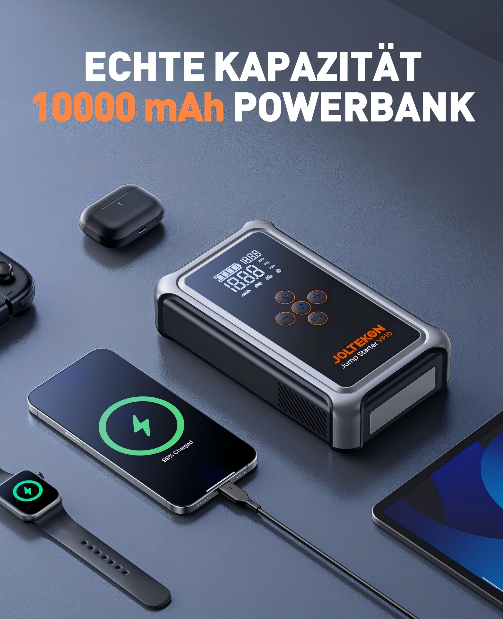 5000A Starthilfe Powerbank für Pkw mit 150PSI Kompressor, Auto Starthilfe Powerbank 12V für Benzin & 10,0L Diesel, Powerbank Auto Starthilfe mit Zwangsstart, LED, USB-C
