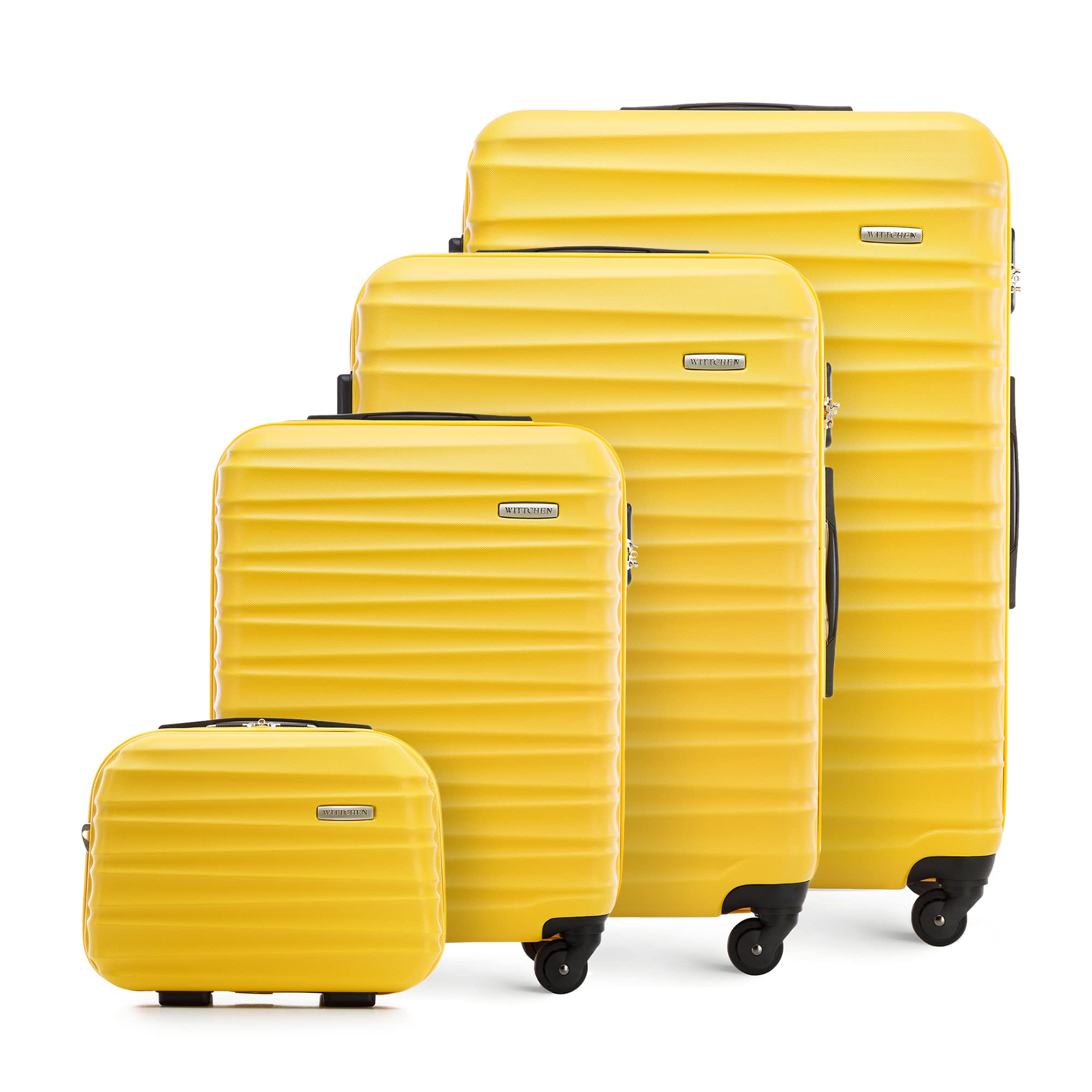 WITTCHEN Valigia da viaggio Bagaglio a mano Valigia da cabina Valigia rigida in ABS con 4 ruote girevoli Serratura a combinazione Maniglia telescopica GROOVE Line Set di 4 valigie Giallo