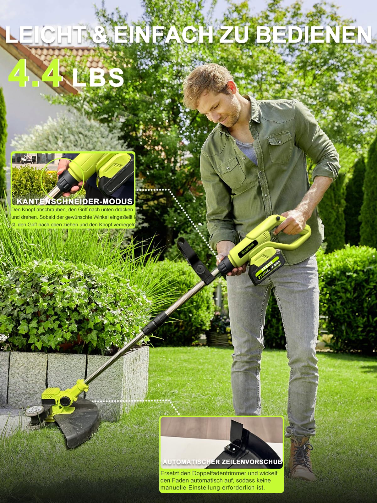 Akku Rasentrimmer für Makita Akku, 2-in-1 Kantenschneider/Rasentrimmer mit Akku 21V, Akku Freischneider mit 2 Batterien 4.0Ah＆8in Klingen, Rasenkantenschneider für Rasen Garten Beschneiden