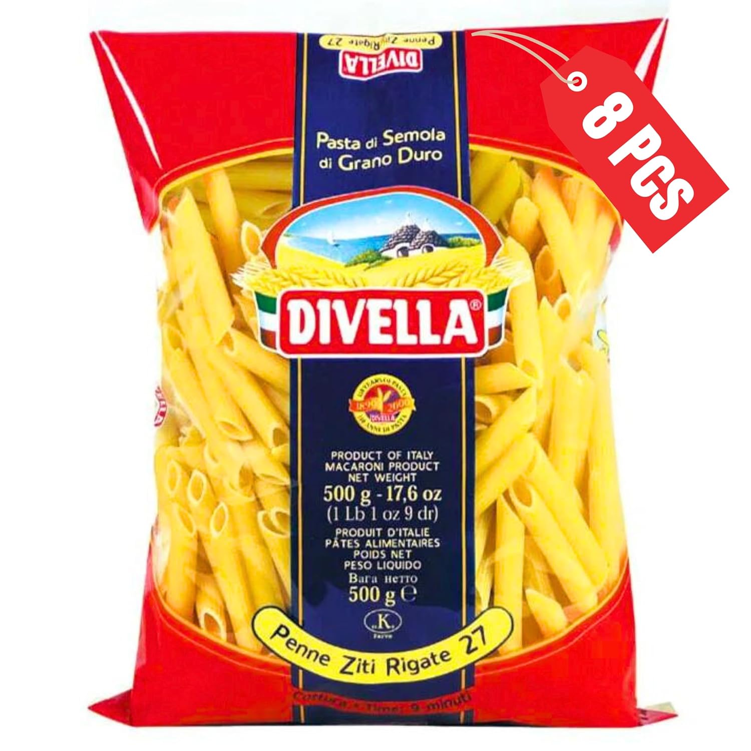 DIVELLA Penne Rigate #27, 16 Oz. (Pack of 8) - Authentic Italian Pasta Made with Durum Wheat Semolina, Perfect 'Al Dente' Texture for Every Dish