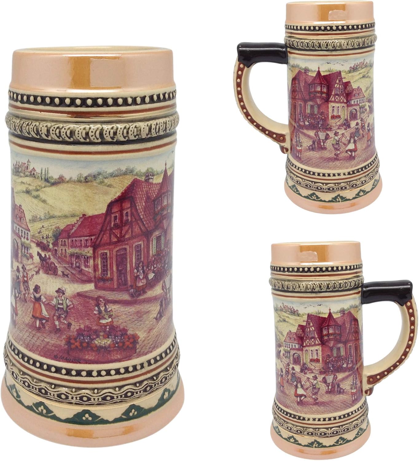 OktoberfestHaus | 1.0 Liter Beer Stein Mug with Handle - Oktoberfest Beer Mug, German Village Dancers (Tänzer) Bier Krug, Ceramic Beer Stein Drinking Tankard, Beer Stein, Gift for Beer Lovers