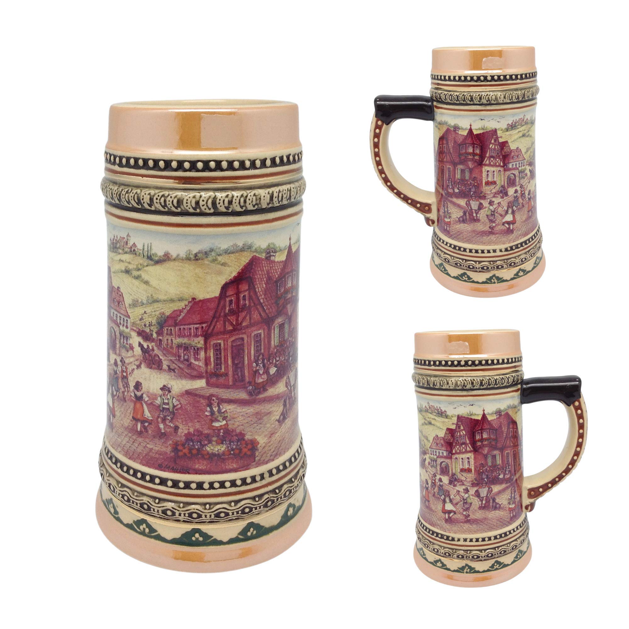 Essence of Europe Gifts Jarra de cerveza de cerámica con bailarines de aldea alemana, 1 litro