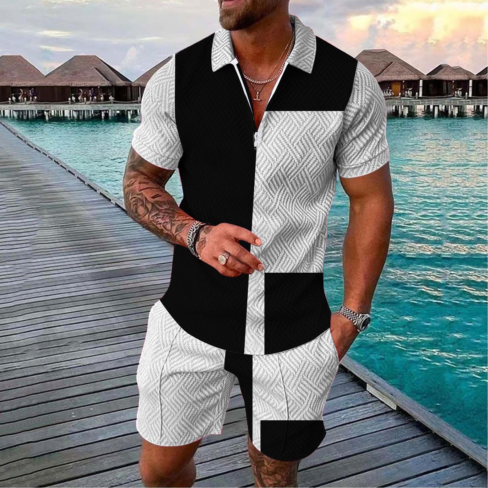 Herren Trainingsanzug Sommer 2 Teiliges Sportanzug Drucken Stehkragen Trainings Anzug Kurzarm Polo Hemd Set mit Reißverschluss Fitnessanzug Modern Freizeitanzug Mode Streetwear für Outdoor