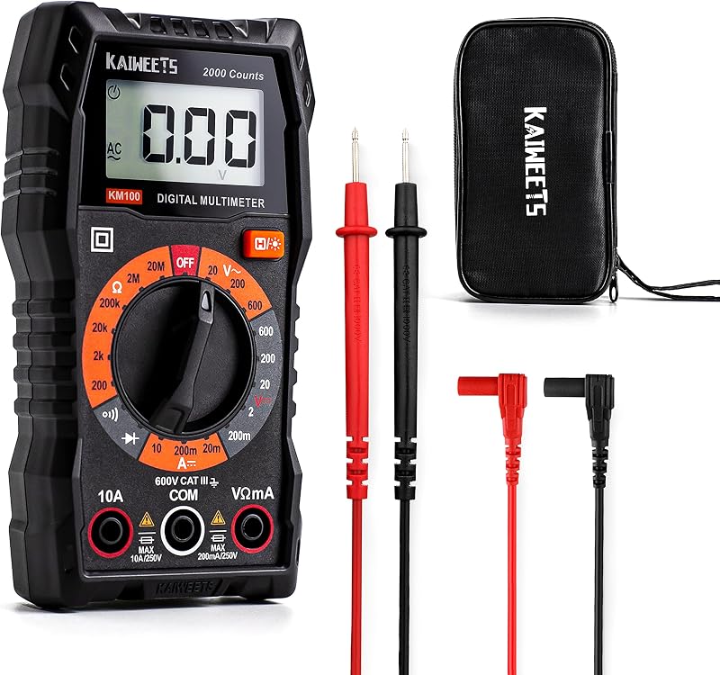 KAIWEETS Digital Multimeter with Case, DC AC Voltmeter, Ohm Volt Amp Test Meter and Continuity Test Diode Voltage Tester for Household Outlet, Automotive Battery Test (Anti-Burn with Double Fuses)