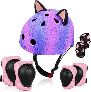 Kids Helmet, Bike Helmets for Kids 3-8-14 with Knee Pads and Elbow Pads Wrist Guards, Adjustable Youth Girls Bike Helmet with DIY Cat Ears Skateboard Helmet for Scooter Skating Cycling