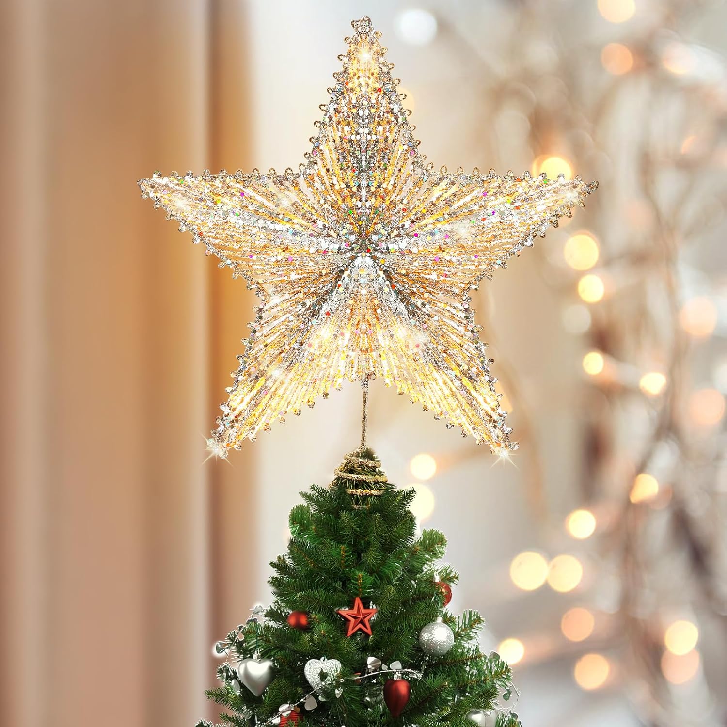 Luxspire Christmas Tree Star Topper, LED Glitter Metal 3D