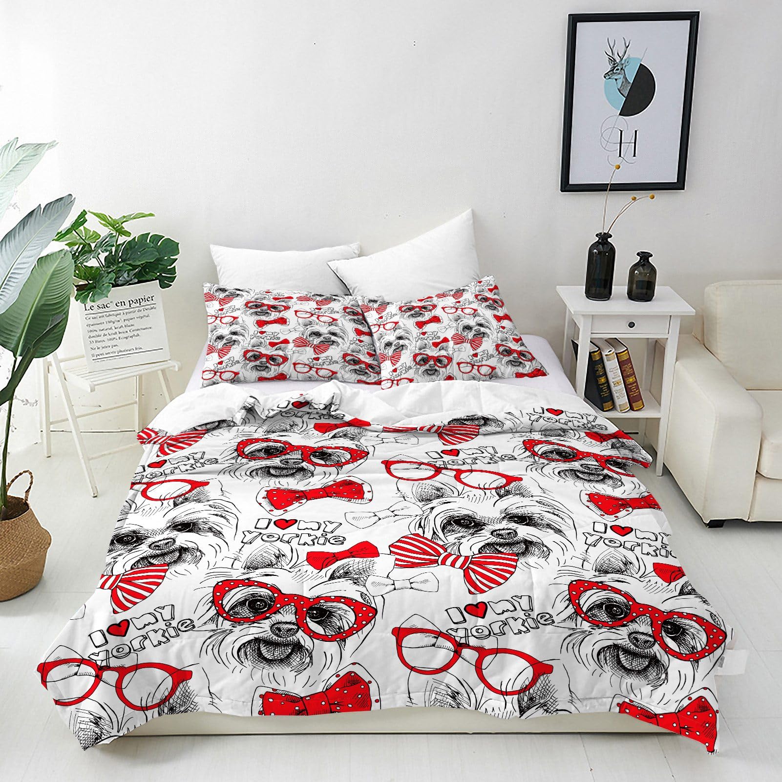 ANHOPE Dog Duvet Cover Set 3 Piece Bedding Set with 2 Pillowcases Hand Drawn Yorkie Bows Glasses Tie Print Pattern Soft Breathable Microfibre Quilt Cover with Zipper Closure King