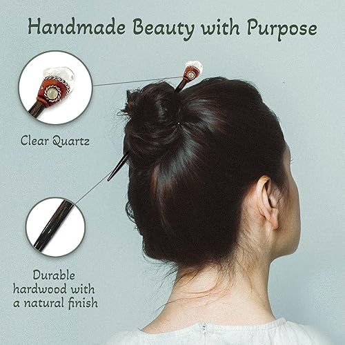 Miniatura 4 de Palo largo de madera Chonta con piedras preciosas curativas naturales para moños, regalos hechos a mano, accesorios de reiki boho (cuarzo