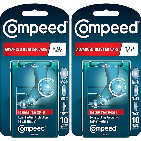 Compeed Advanced Blister Care 10 Count Mixed Sizes Pads (2 Pks), Hydrocolloid Bandages, Heel Blister Patches, Blister on Foot, Blister Prevention & Treatment, Waterproof Cushions, Packaging May Vary
