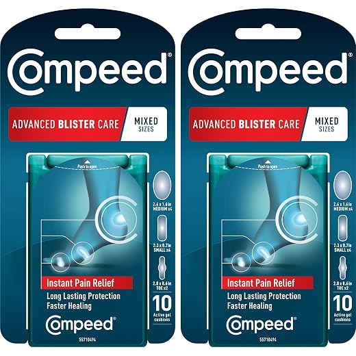 Compeed Advanced Blister Care Pads, Hydrocolloid Gel Cushions for Instant Pain Relief and Faster Healing, Mixed Sizes, 10 Count (2 Packs)