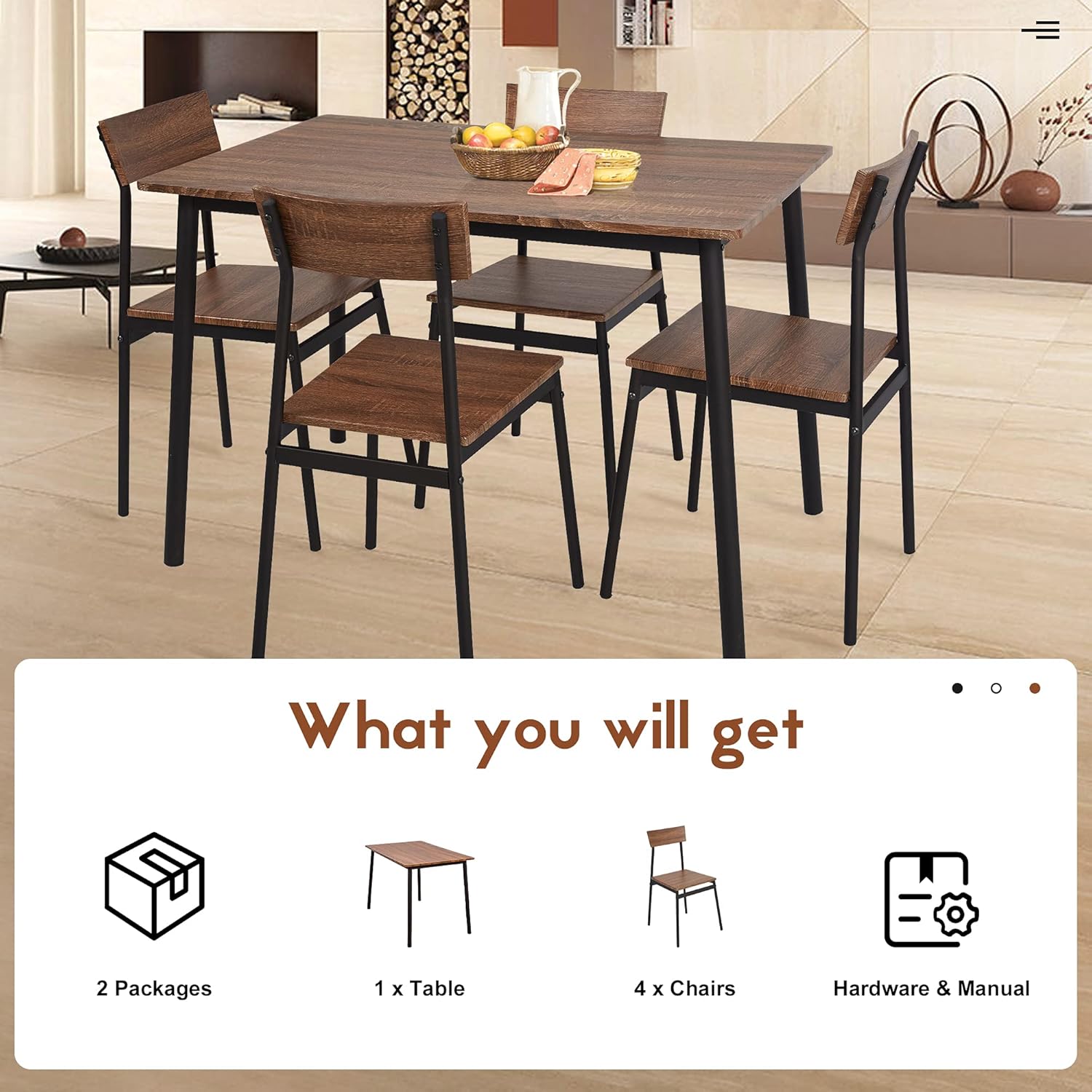 Dporticus 5-Piece Kitchen & Dining Room Sets Rustic Industrial Style Wooden Kitchen Table and Chairs with Metal Frame- Brown - Table & Chair Sets