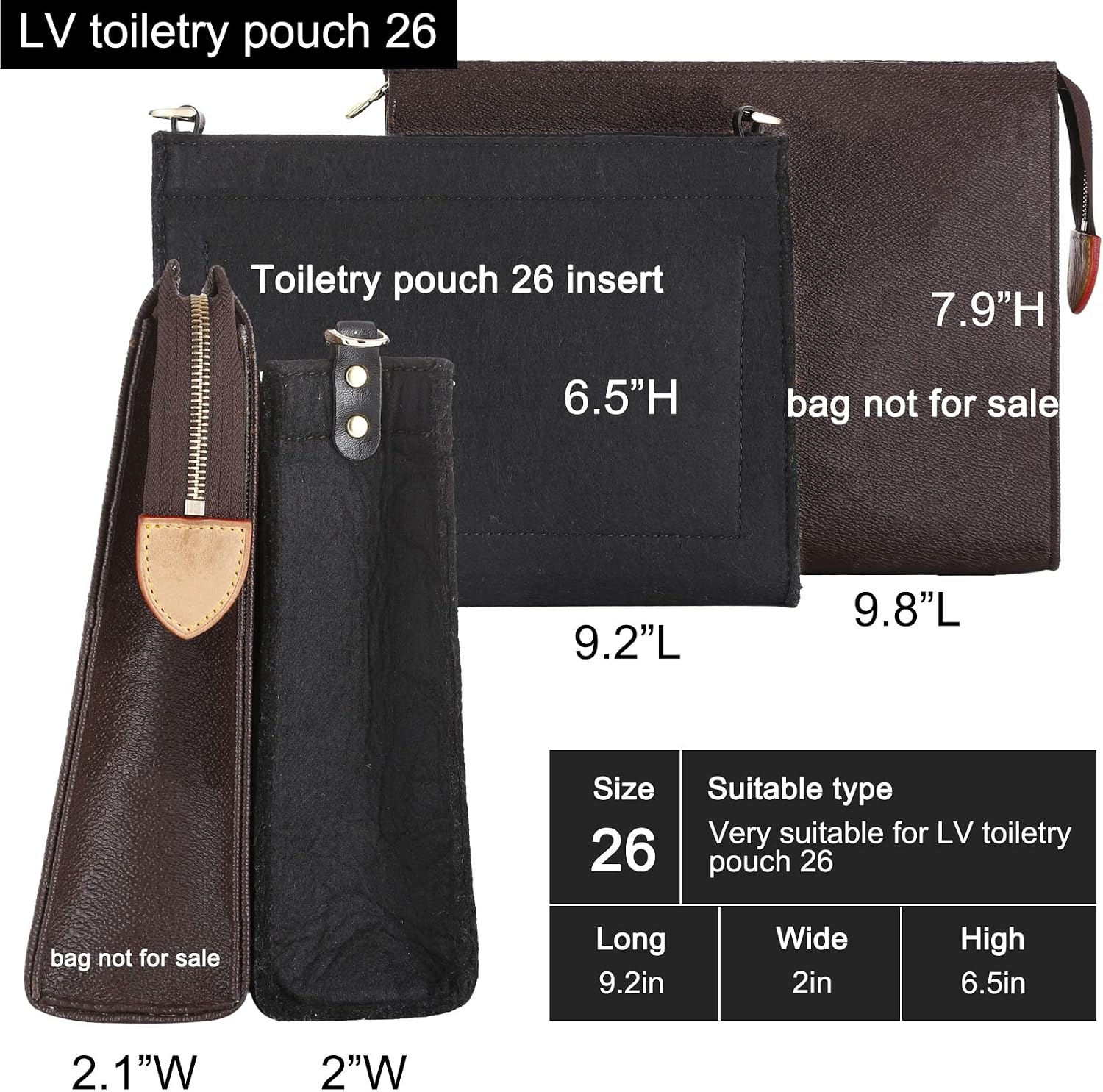 OAikor Purse Insert Organizer Bag compatible with Toiletry Pouch 26 Handbag Shaper with Golden D Ring Large-26, Black-Premium felt