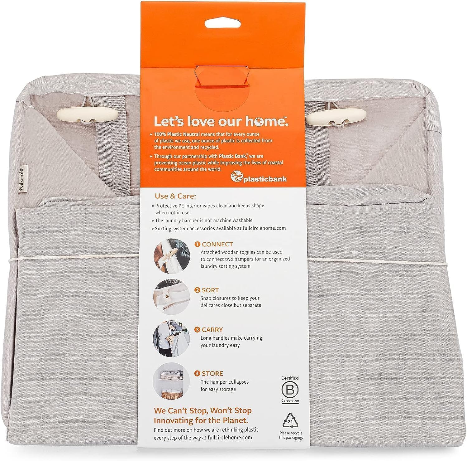 Full Circle Loads of Fun Collapsible Hamper – Laundry Basket for Dirty Clothes & Towels – Tall Standing Organic Cotton Laundry Bag with Long Handles - Ideal for Bathroom, Bedroom or Kids’ Room, Gray