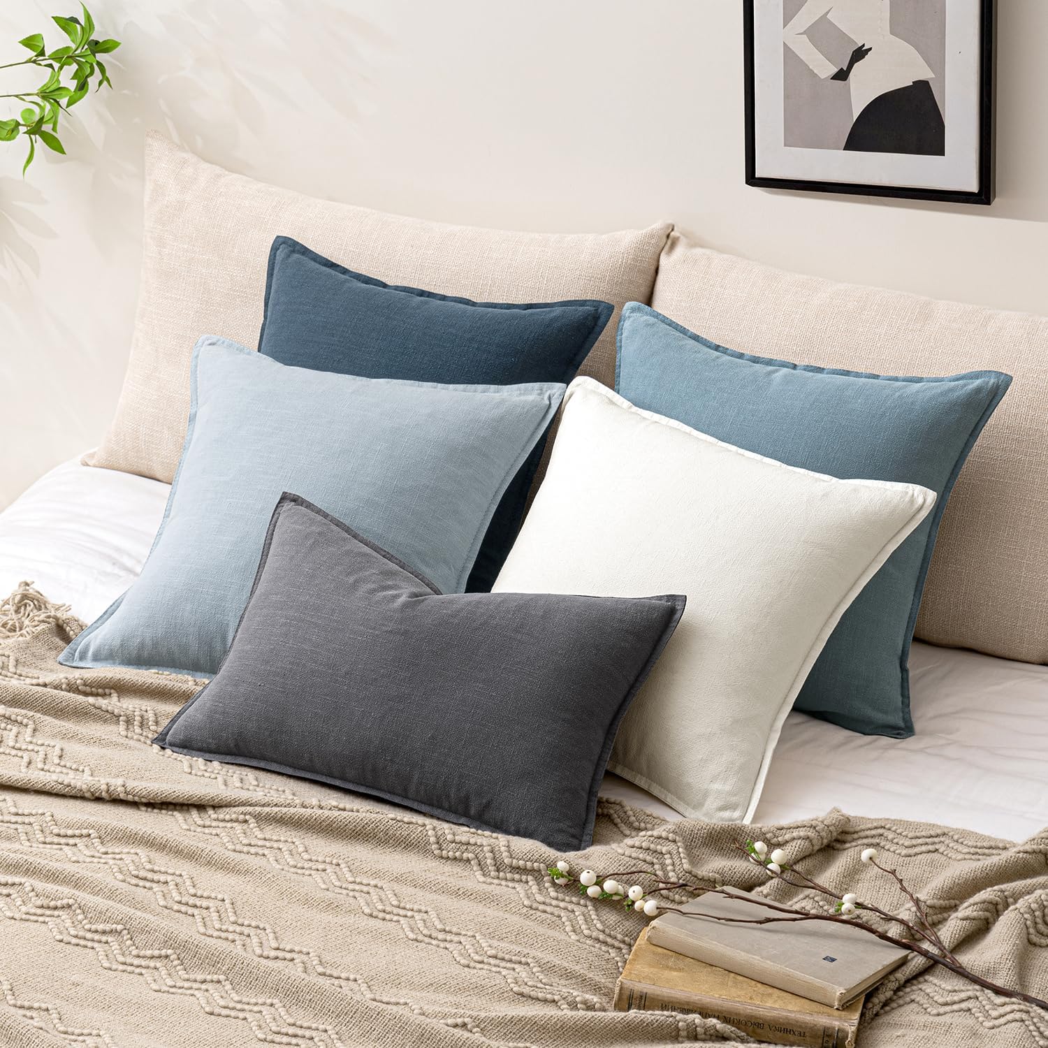 Woaboy 20x20 Inch Set of 2 Decorative Linen Solid Throw Pillow Covers Boho Accent Farmhouse Pillowcases Modern Netural Home Decor for Couch Sofa Living Room Bed,Cream White - Image 5