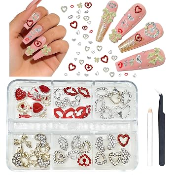 6 Grids Valentines Day Heart Nail Charms for Acrylic Nails 3D Red Love Heart Lips Rhinestones Silver Crystal Flatback Alloy Gems for Women Valentines DIY Nail Art Decoration Colorful
