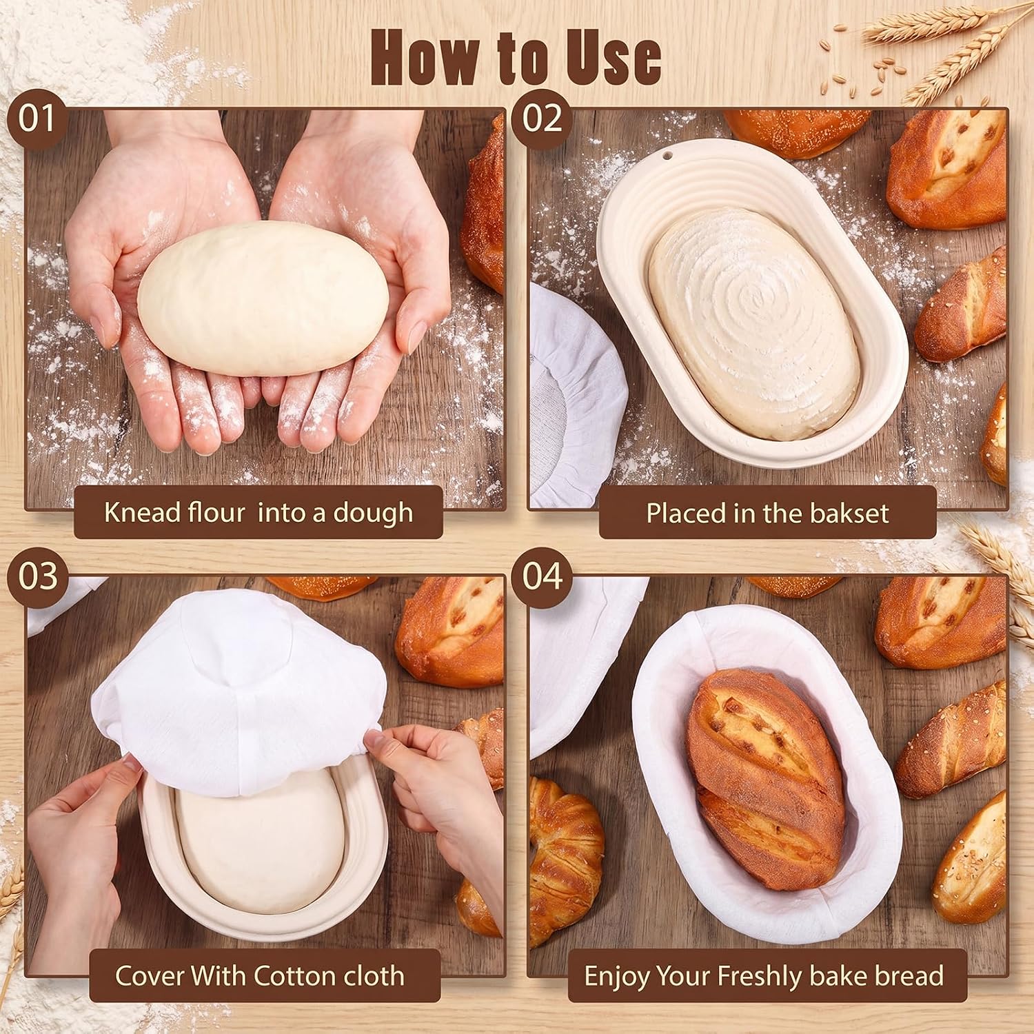 Baderke 4 Pack Banneton Bread Proofing Basket Wood Pulp, Beige, Oval